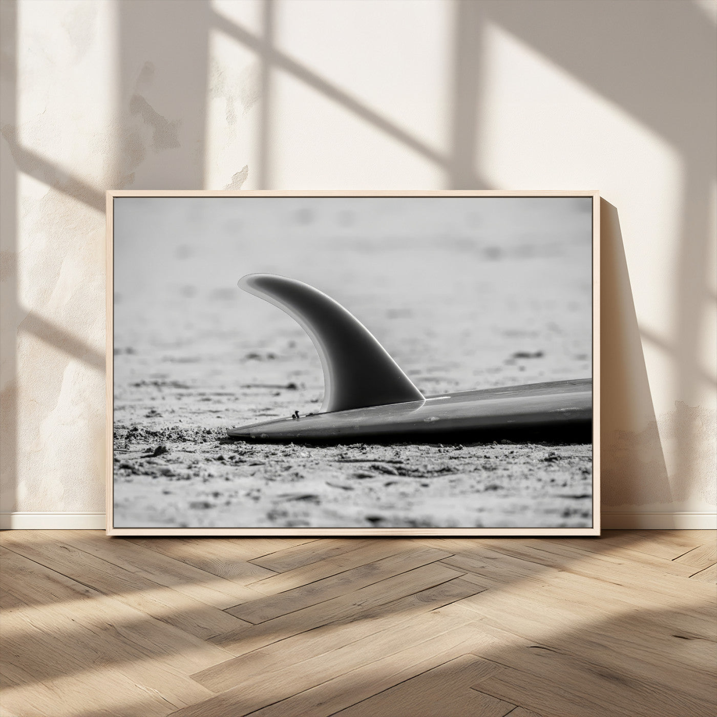 MGV-FC-36X24 - Black White Surfboard Wall Art Canvas Print, Framed Minimalist Beach Art Picture Print, Surf Fin Perfect Minimalist Coastal Decor Artwork