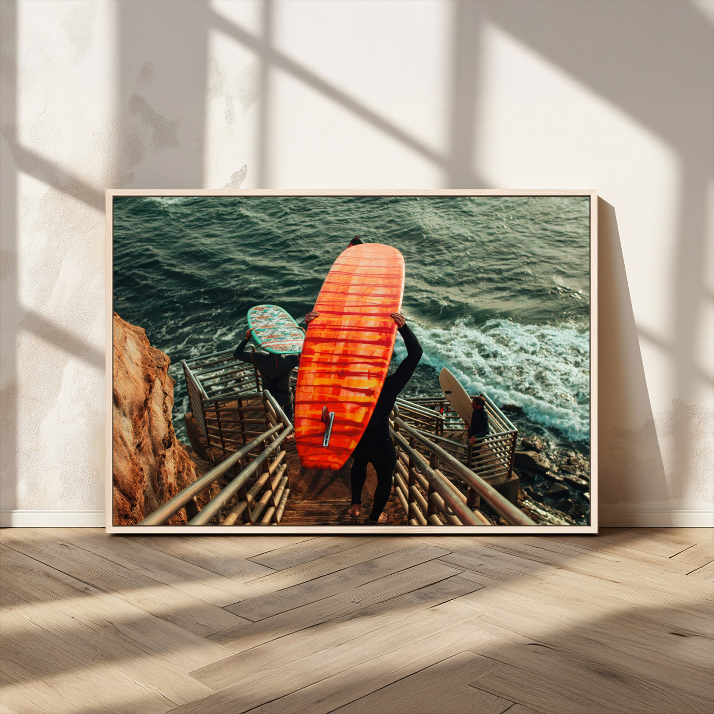 MGV-FC-36X24 - Surfer Stairway Wall Art Canvas Print, Framed Ocean Surf Art Picture Print, Sunset Coastal Perfect Coastal Adventure Decor Artwork