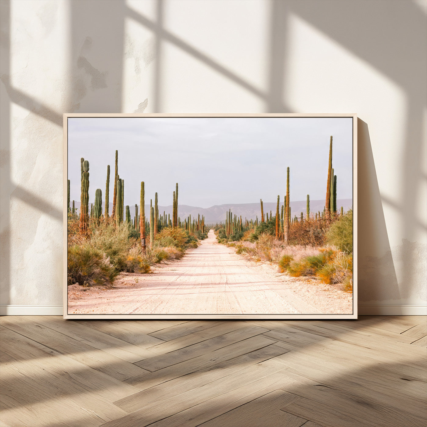 MGV-FC-36X24 - Desert Cactus Lined Road Wall Art Canvas Print, Framed Southwestern Landscape Art Picture Print, Bohemian Western Aesthetic Perfect Southwestern Boho Decor Artwork