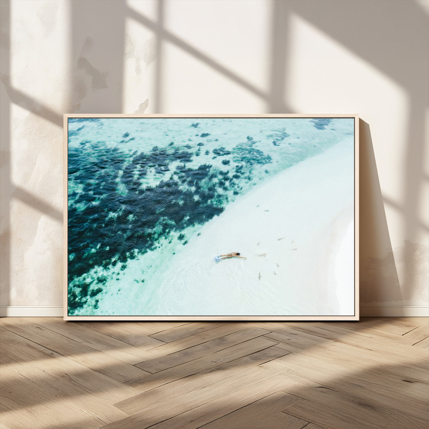 MGV-FC-36X24 - Minimal Beach Wall Art Canvas Print, Framed Ocean Swimming Art Picture Print, Clear Ocean Perfect Minimal Coastal Decor Artwork