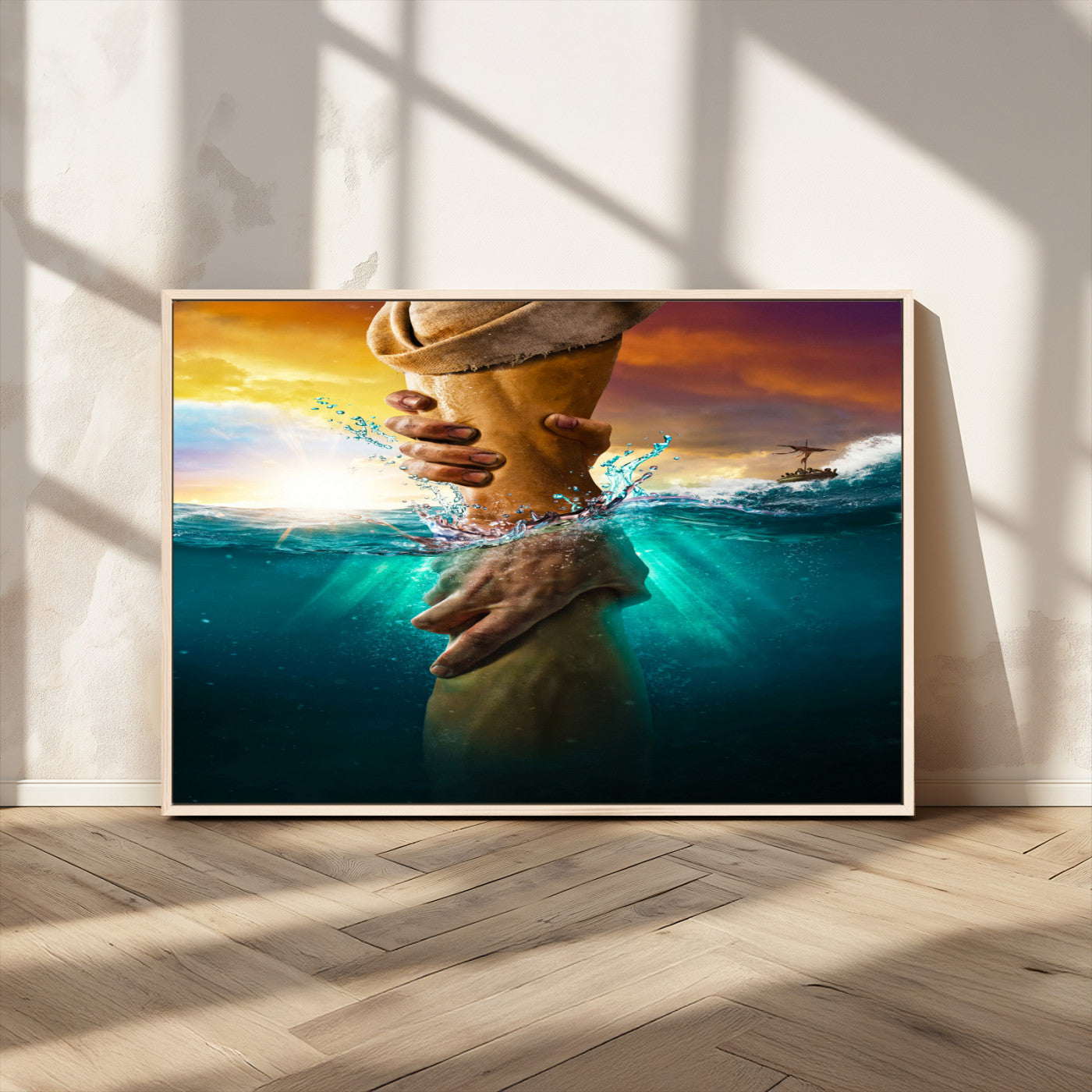 A dramatic scene of a hand reaching underwater and being lifted, symbolizing rescue and faith, ideal for spiritual or Christian wall decor.