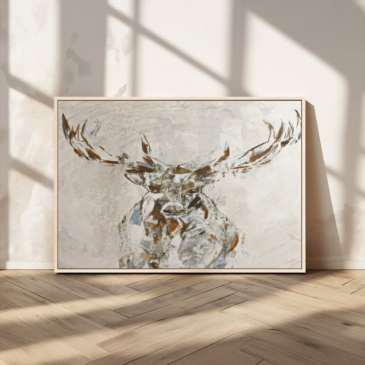 Abstract painting of a deer with antlers in neutral earth tones, ideal for modern rustic or lodge-style living room wall decor.