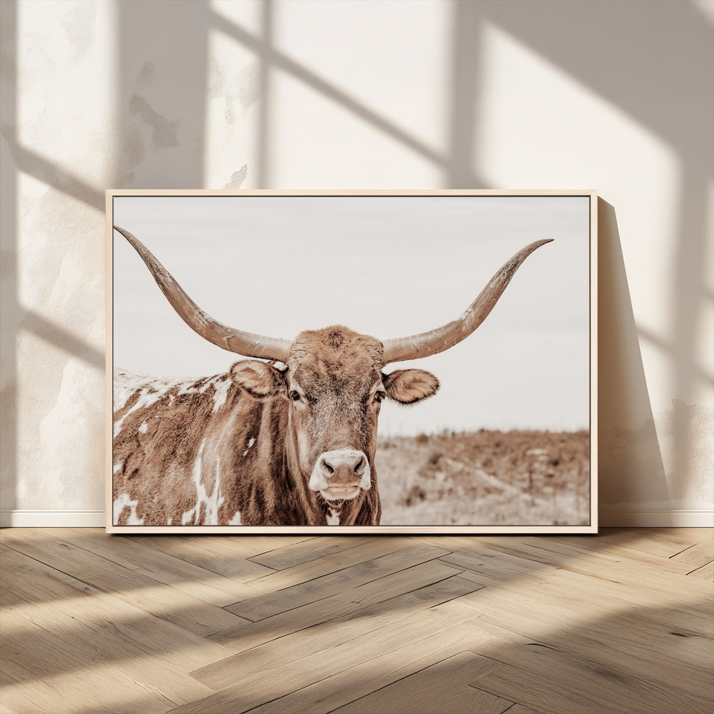 MGV-FC-36X24 - Longhorn Cow Wall Art Canvas Print, Framed Texas Ranch Art Picture Print, Western Bull Perfect County Decor Artwork