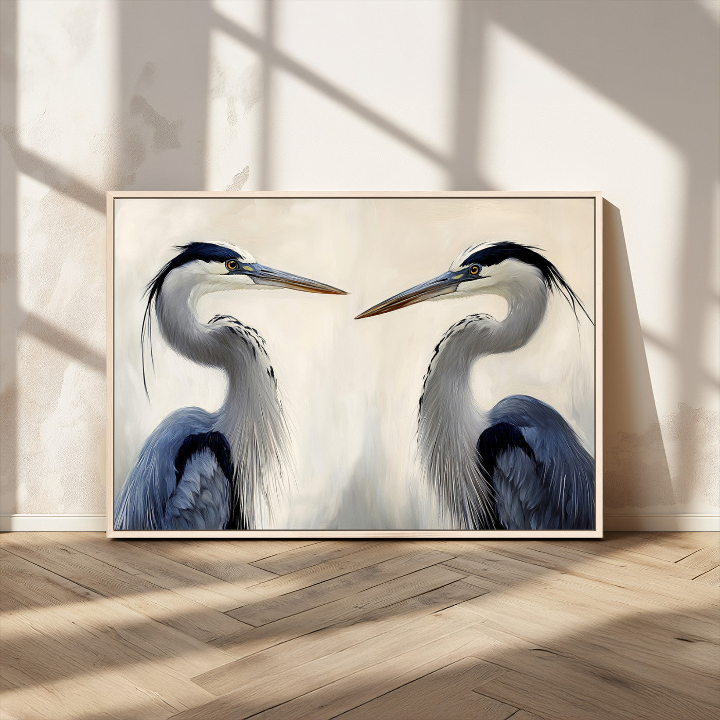 MGV-FC-36X24 - Blue Heron Pair Wall Art Canvas Print, Framed Coastal Bird Theme Art Picture Print, Tranquil Wildlife Scene Perfect Coastal Minimalist Decor Artwork