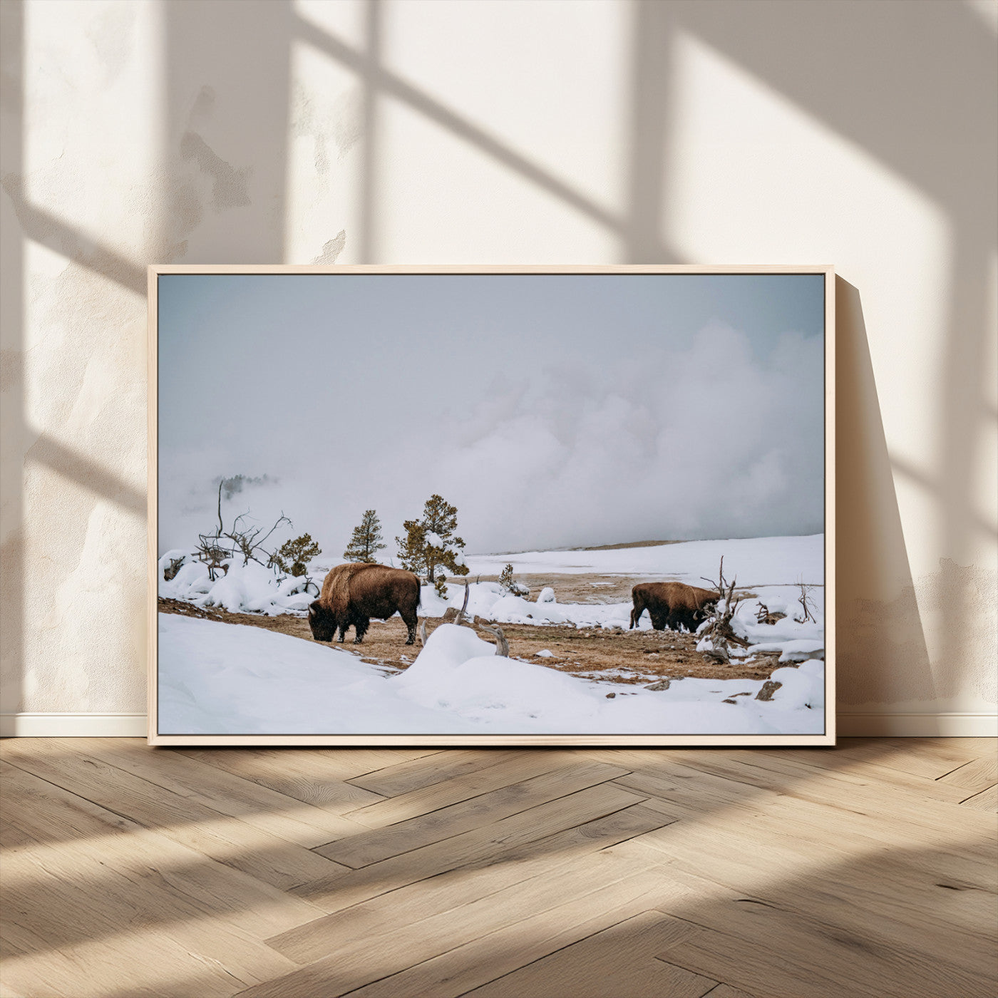 MGV-FC-36X24 - Bison Wildlife Wall Art Canvas Print, Framed Snowy Prairie Art Picture Print, Western Perfect Rustic Decor Artwork
