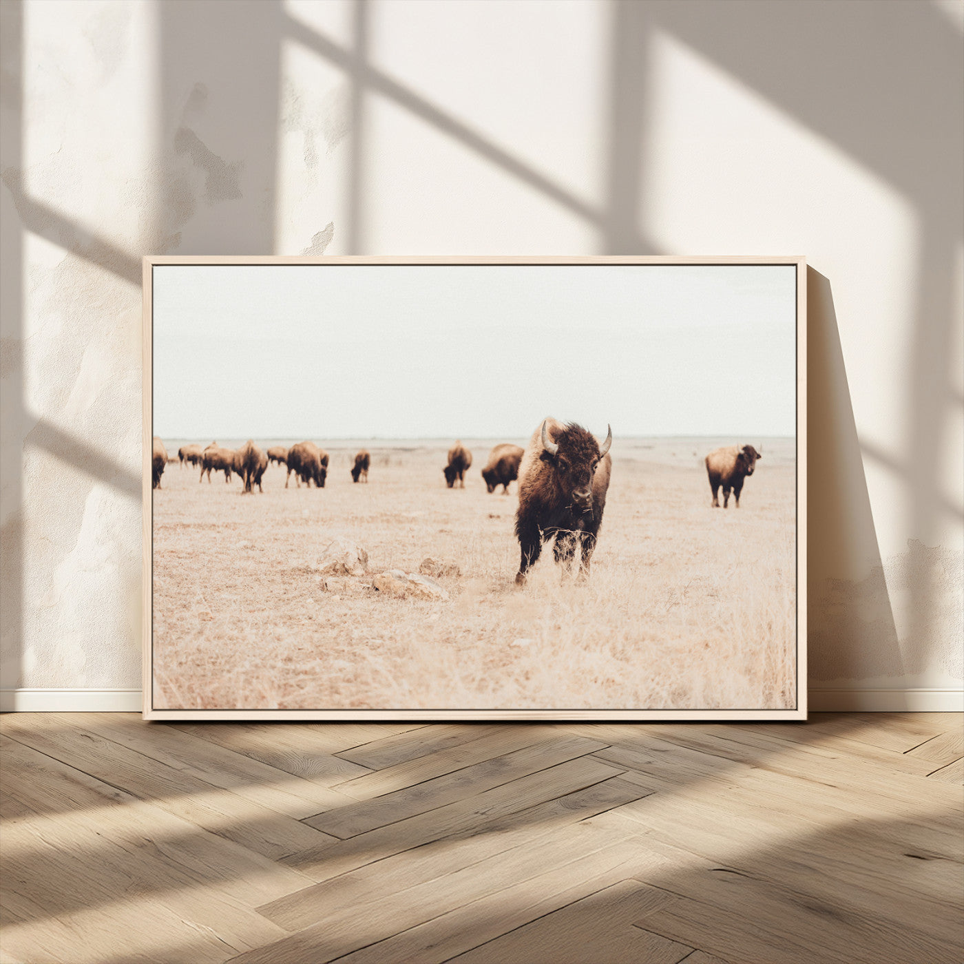 MGV-FC-36X24 - Bison Herd Wall Art Canvas Print, Framed Western Art Picture Print, Prairie Serenity Perfect Ranch Decor Artwork