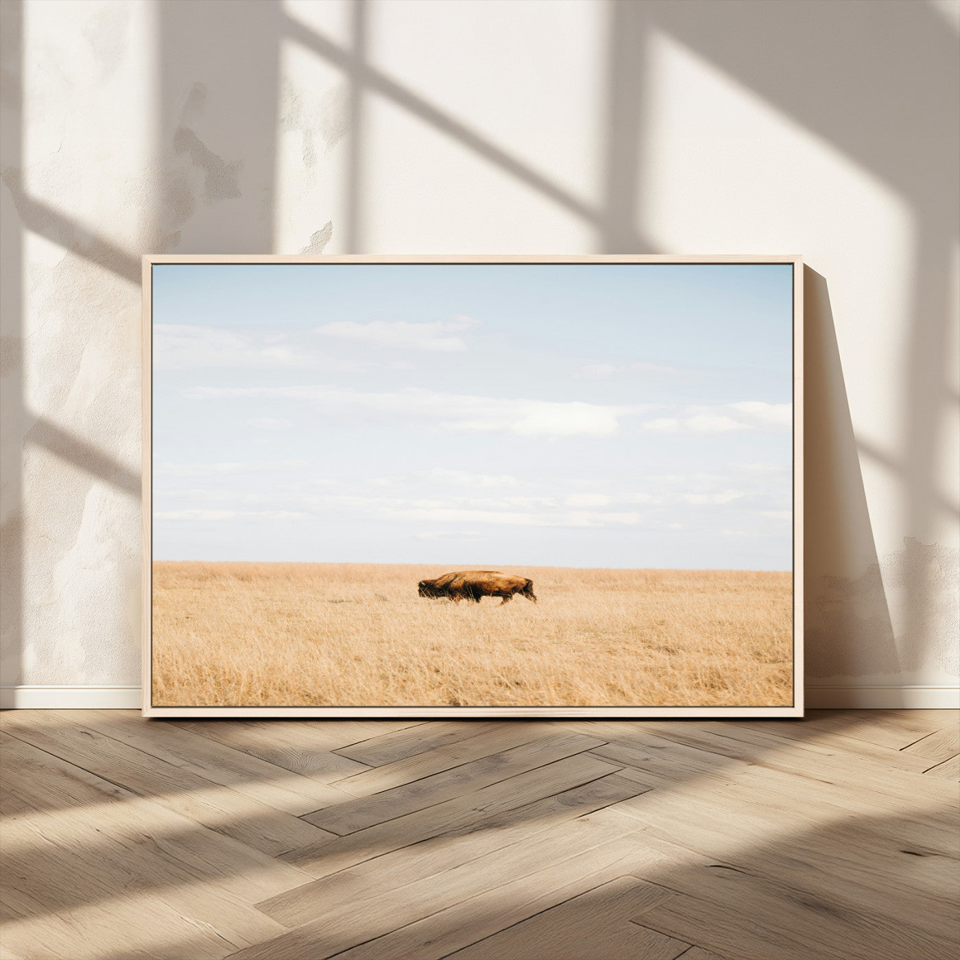 MGV-FC-36X24 - Minimalist Nature Wall Art Canvas Print, Framed Bison In Grassland Art Picture Print, Open Field Perfect Modern Ranch Decor Decor Artwork