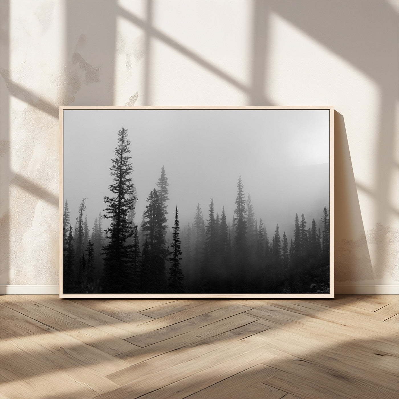 MGV-FC-36X24 - Misty Pines Wall Art Canvas Print, Framed Woodland Photography Art Picture Print, Minimalist Decor Perfect Rustic Decor Artwork