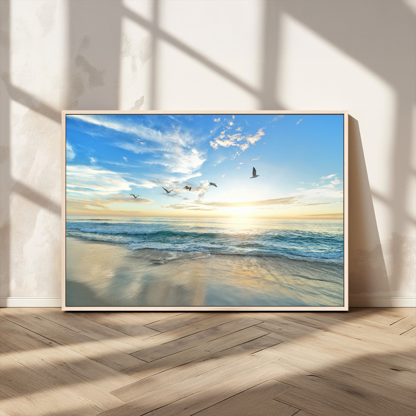 MGV-FC-36X24 - Minimalist Seaside Wall Art Canvas Print, Framed Morning Glow Art Picture Print, Golden Reflections Perfect Coastal Minimalist Decor Artwork
