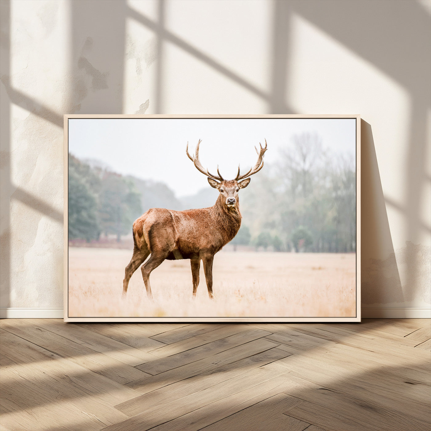 MGV-FC-36X24 - Vintage Wildlife Art Wall Art Canvas Print, Framed Misty Landscape Art Picture Print, Deer Wall Art Perfect Rustic Wildlife Decor Artwork