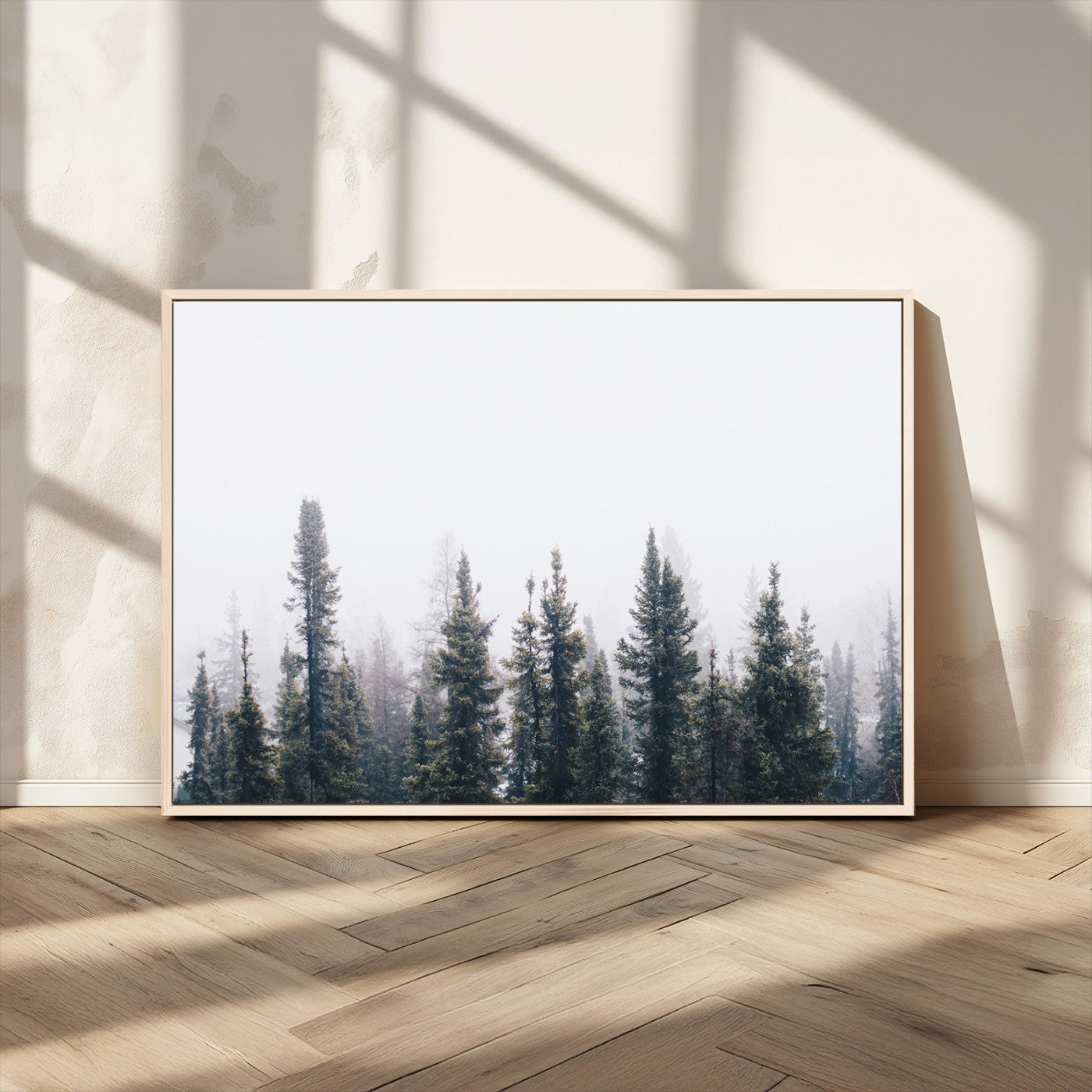 MGV-FC-36X24 - Foggy Forest Wall Art Canvas Print, Framed Misty Pines Art Picture Print, Moody Woodland Perfect Scandinavian Minimalist Decor Artwork