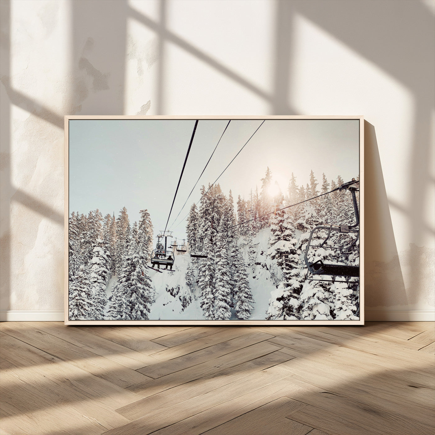 MGV-FC-36X24 - Frosty Pines Wall Art Canvas Print, Framed Cozy Cabin View Art Picture Print, Ski Lift Ride Perfect Rustic Lodge Decor Artwork