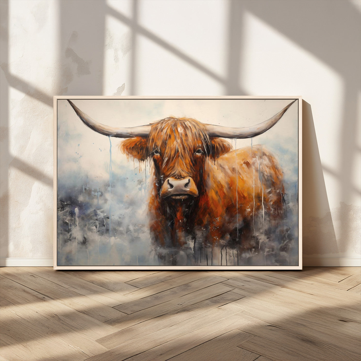 MGV-FC-36X24 - Scottish Highland Wall Art Canvas Print, Framed Longhorn Art Picture Print, Western Cow Perfect Farmhouse Decor Artwork