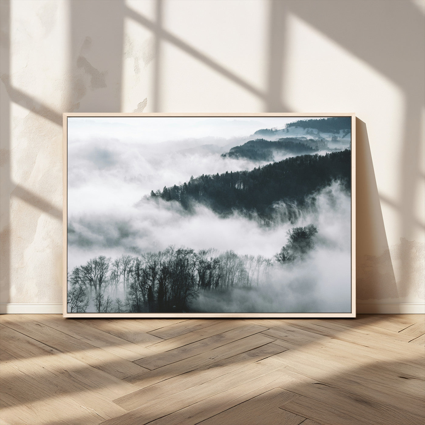 MGV-FC-36X24 - Foggy Forest Landscape Wall Art Canvas Print – Misty Mountain Valley Scene in Monochrome Tones,