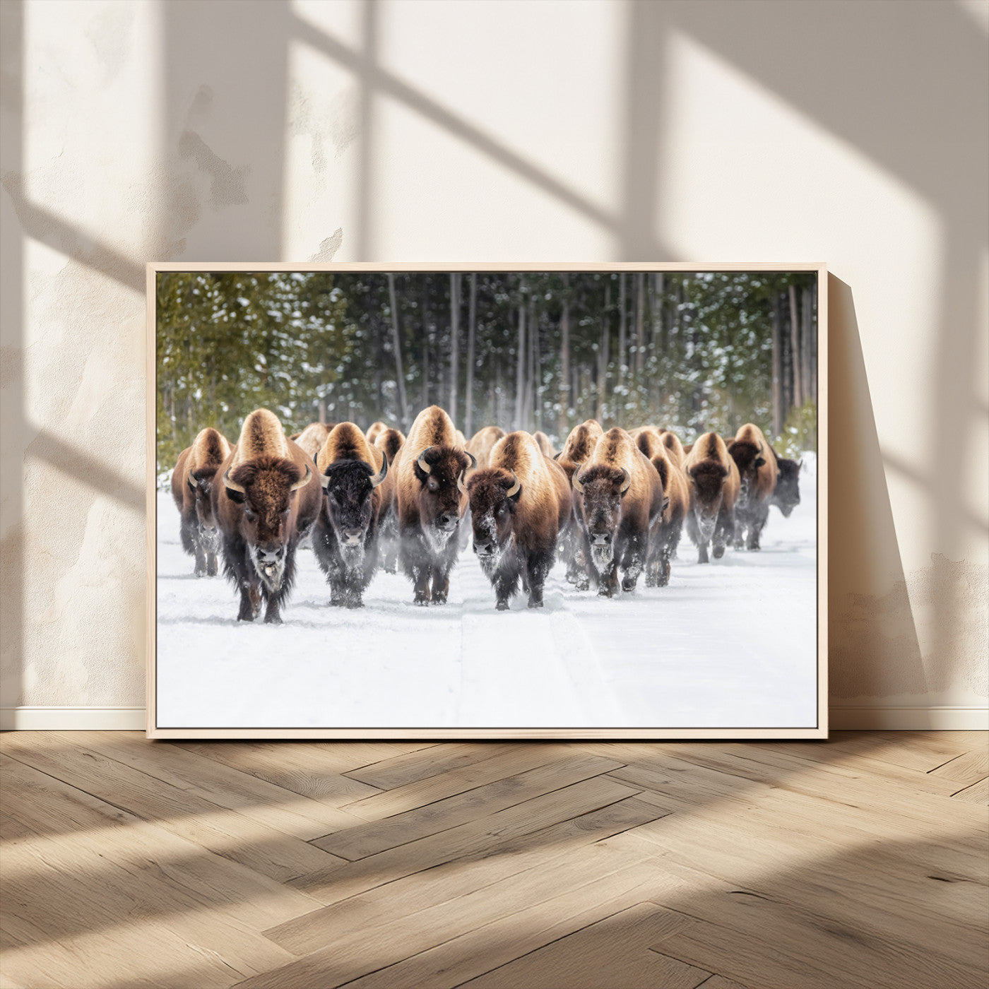 96906195-MGV-FC-36X24 - American Bison Herd Snow Canvas Wall Art – Powerful Winter Wildlife Print of Buffalo Motion, Rustic Lodge or Western Cabin Decor for Living Room, Office
