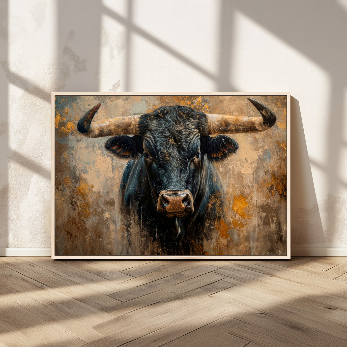 91615410-MGV-CV-36X24 - Abstract Texas Longhorn Bull Wall Art – Rustic Farmhouse Canvas Print, Western Cabin Style Decor, Large Animal Artwork for Living Room or Office