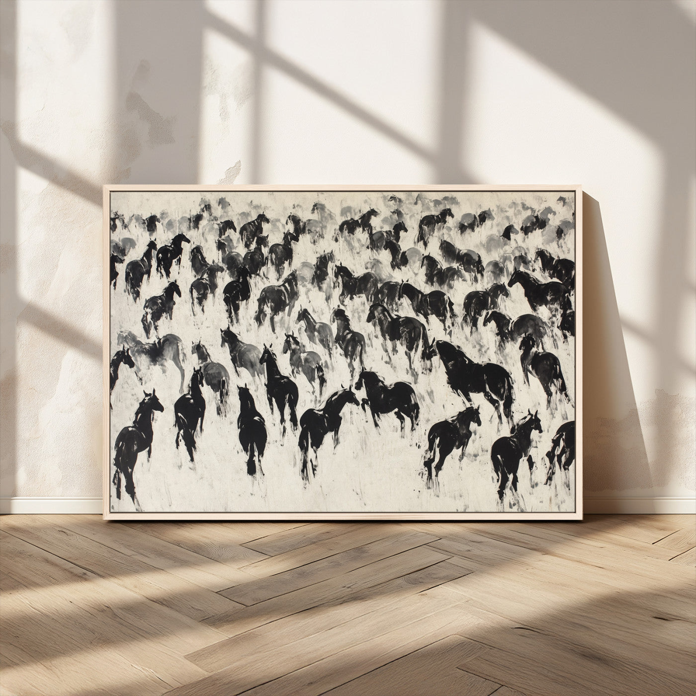 MGV-FC-36X24 - Wild Horse Stampede Wall Art Canvas Print – Monochrome Ink Brush Painting of Running Horses, Perfect