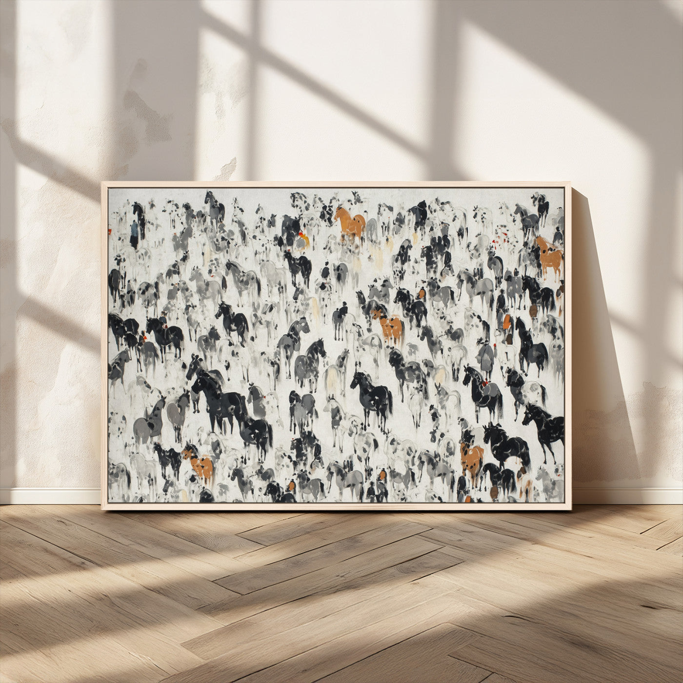 MGV-FC-36X24 - Wild Horse Stampede Wall Art Canvas Print – Monochrome Ink Brush Painting of Running Horses, Perfect