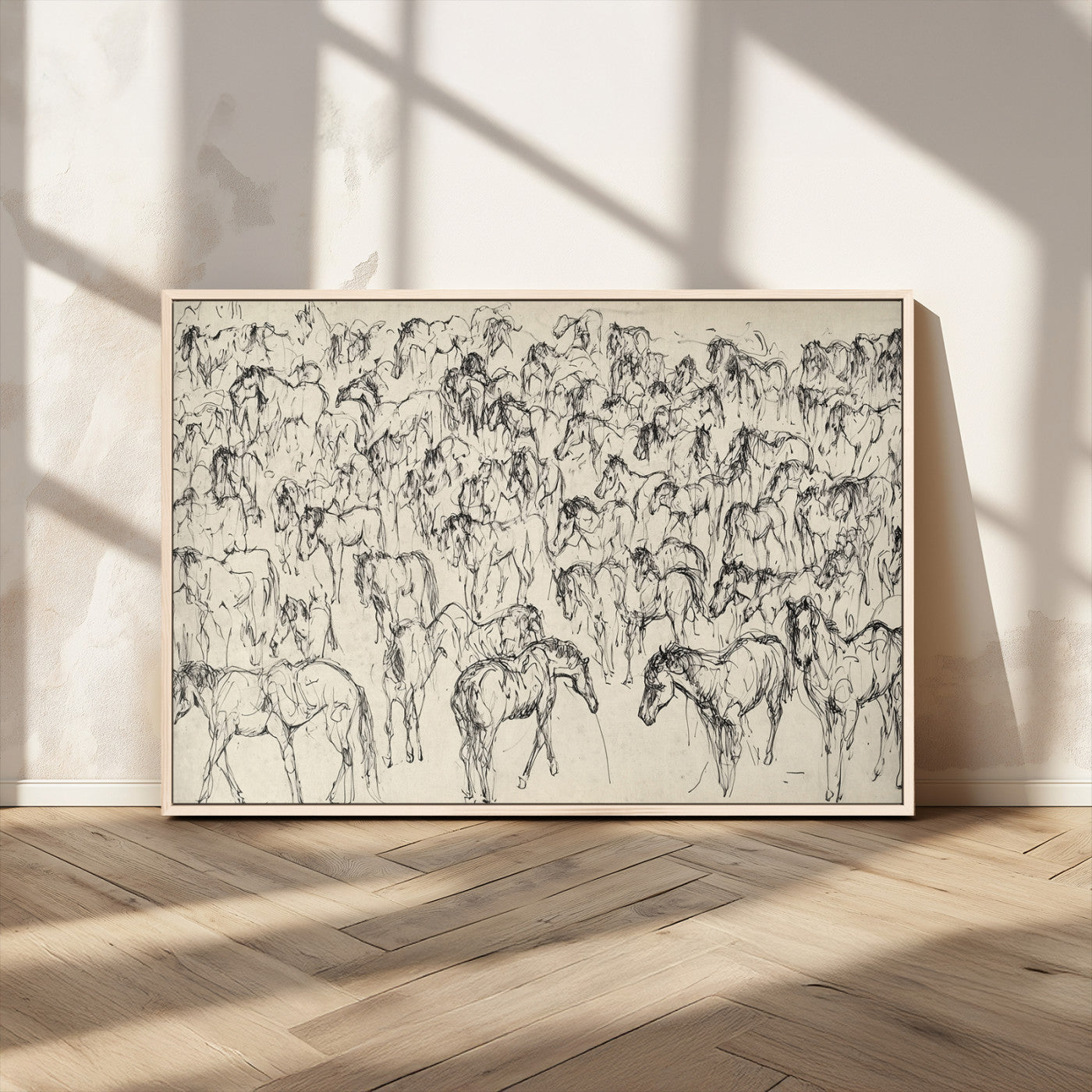 MGV-FC-36X24 - Wild Horse Stampede Wall Art Canvas Print – Monochrome Ink Brush Painting of Running Horses, Perfect