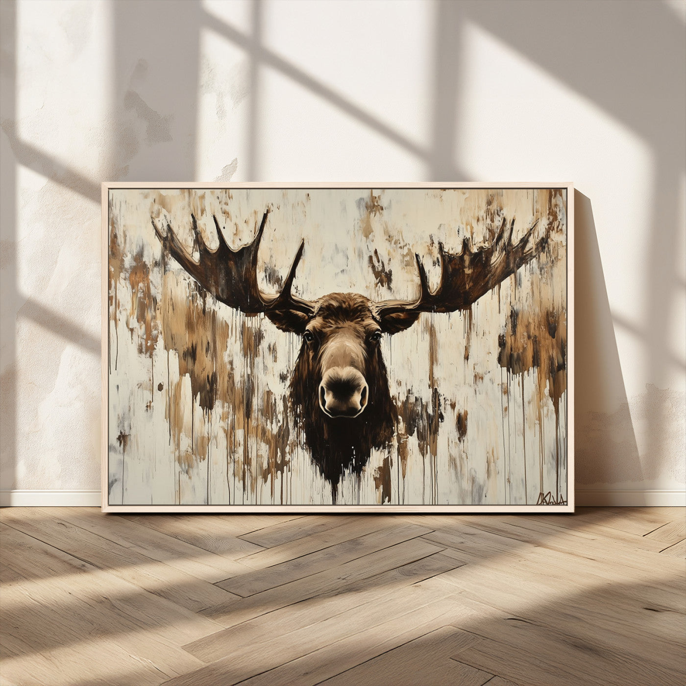 34496536-MGV-CV-36X24 - Powerful Moose Portrait Wall Art – Rich Earthy Tones, Expressive Brushstrokes, Striking Gaze, Raw Nature Vibes Decor for Home or Office