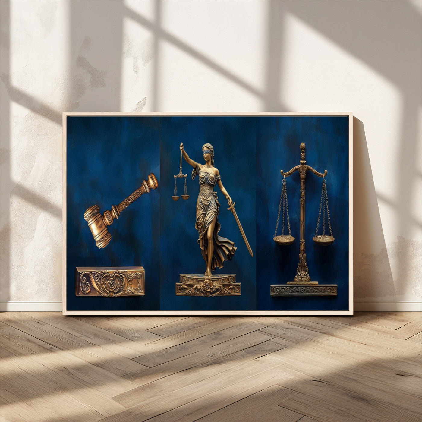MGV-FC-36X24 - Lady Justice Wall Art Canvas Print – Elegant Gold Legal Symbols on Blue Background, Perfect for Law
