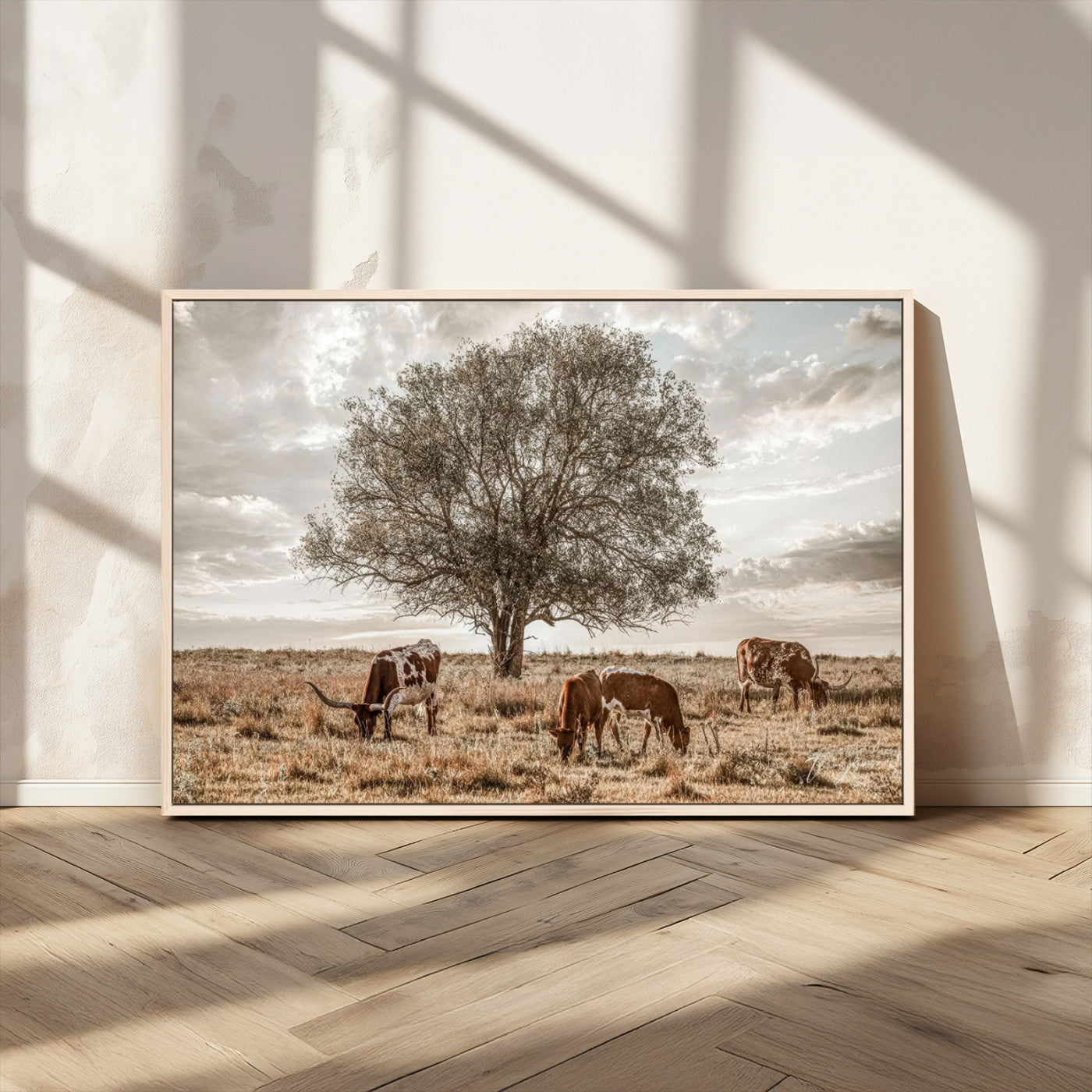 Texas Longhorn Cattle Wall Art Canvas Print – Rustic Western Ranch Scene with Steers at Sunset, Perfect for Farmhouse or Cowboy Decor
