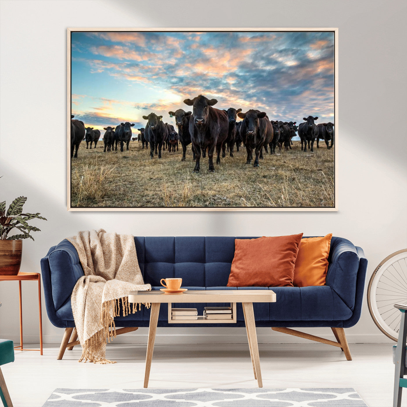 13867292-MGV-CV-36X24-Texas Longhorn Cattle Wall Art Canvas Print – Rustic Western Ranch Scene with Steers at Sunset, Perfect for Farmhouse or Cowboy Decor