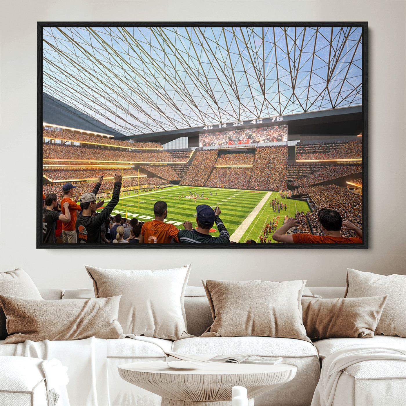 81960112-MGV-CV-36X24-Cleveland Browns Stadium Wall Art Canvas Print – Framed Football Artwork Featuring Cleveland Skyline and Browns Stadium, Perfect for Man Cave or Game Room Decor