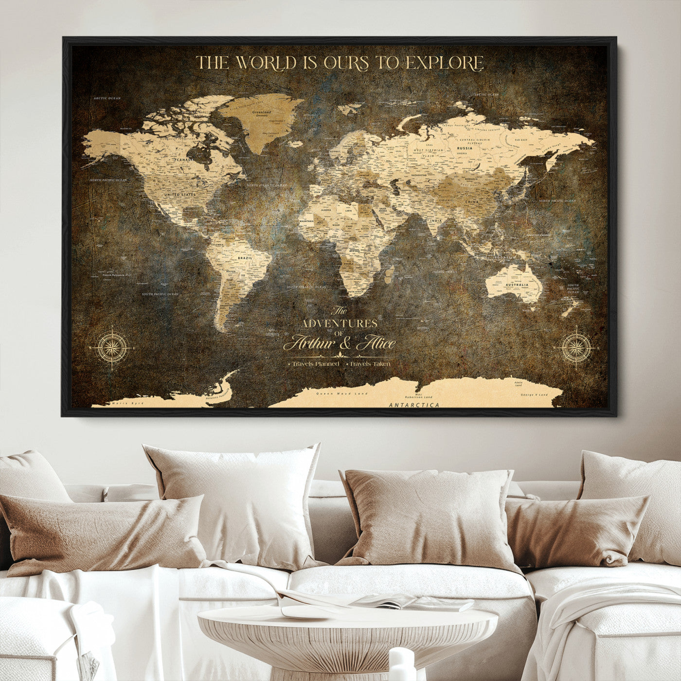 76675404-MGV-CV-36X24-Framed Push Pin World Travel Map – Canvas Wall Art for Tracking Adventures, Decorative Vintage Style Map with Pins for Home or Office - H1