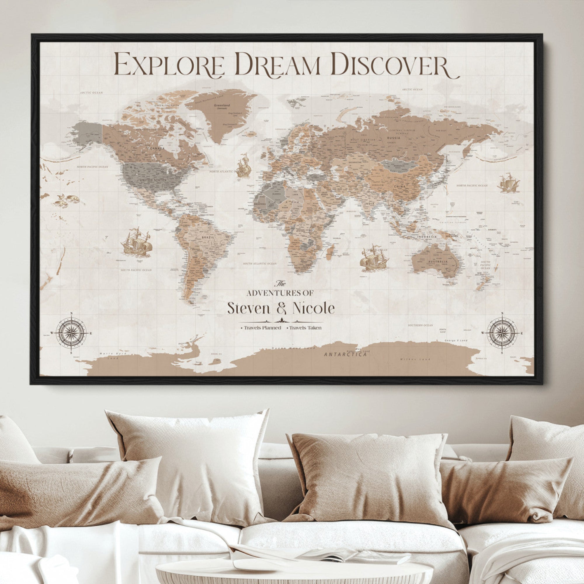 -Personalized Push Pin World Map Canvas – Custom Framed Travel Tracker Wall Art, Large Adventure Map with Pins for Home, Office