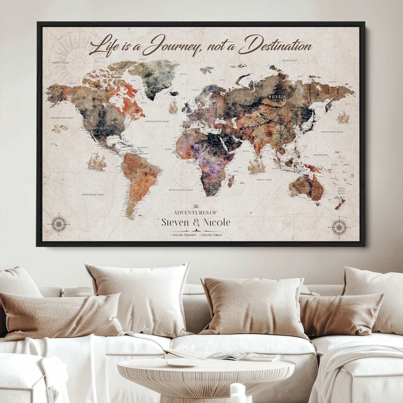 96000140-MGV-CV-36X24-Custom Push Pin World Map Wall Canvas Print – Personalized Travel Tracker with Pins – Framed Large Multi-Size Canvas for Home Office Decor