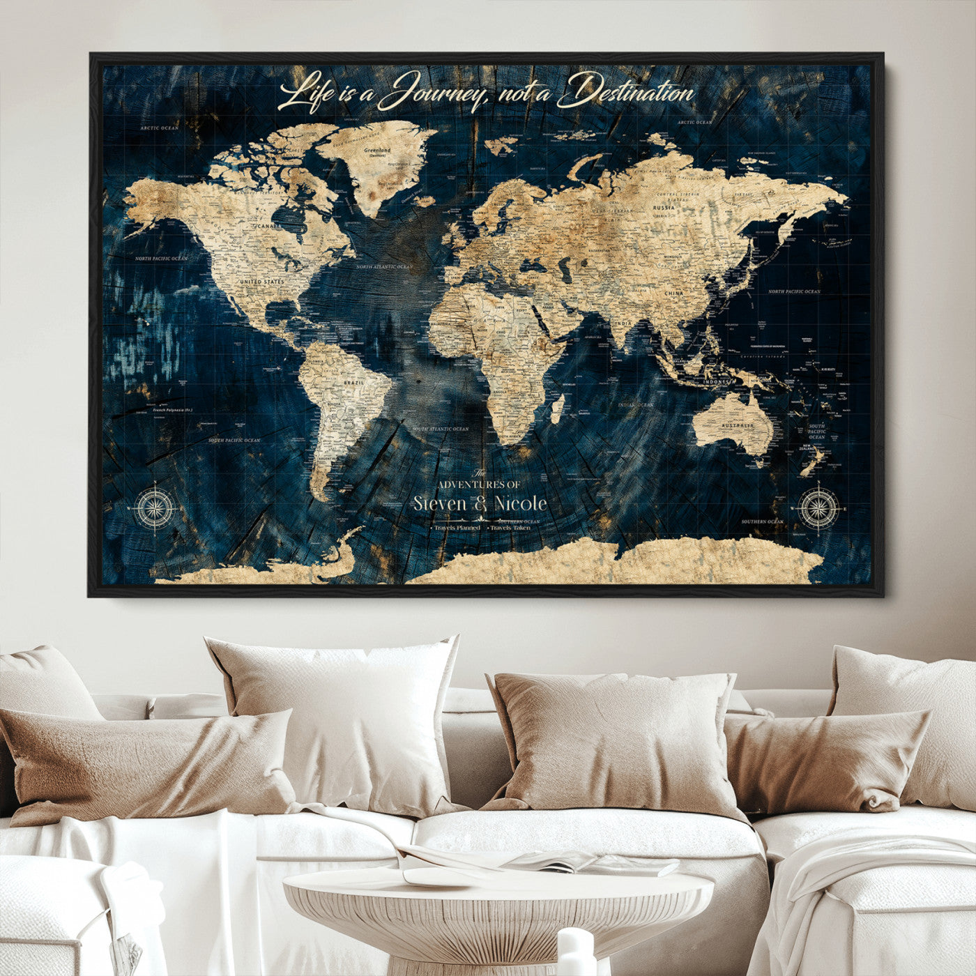23551206-MGV-CV-36X24-Custom Push Pin World Map Wall Canvas Print – Personalized Travel Tracker with Pins – Framed Large Multi-Size Canvas for Home Office Decor