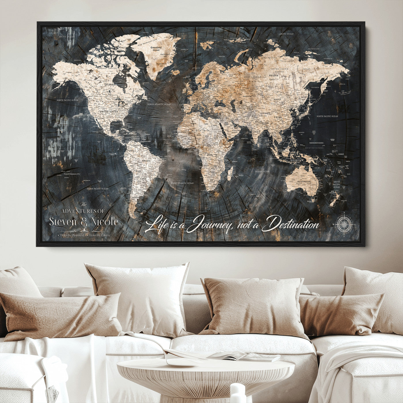13001721-MGV-CV-36X24-Custom Push Pin World Map Wall Canvas Print – Personalized Travel Tracker with Pins – Framed Large Multi-Size Canvas for Home Office Decor