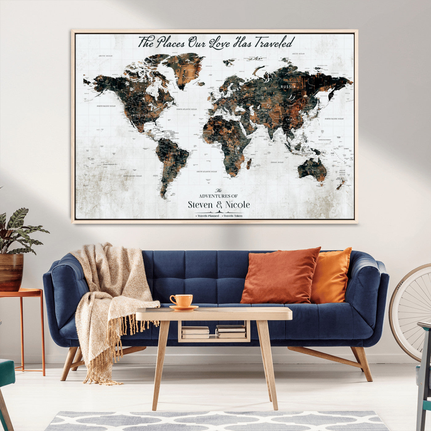 89231588-MGV-CV-36X24-World Travel Map with Pins – Framed Canvas Print to Track Adventures and Create a Visual Travel Journal, Ideal Wall Art for Home - H17