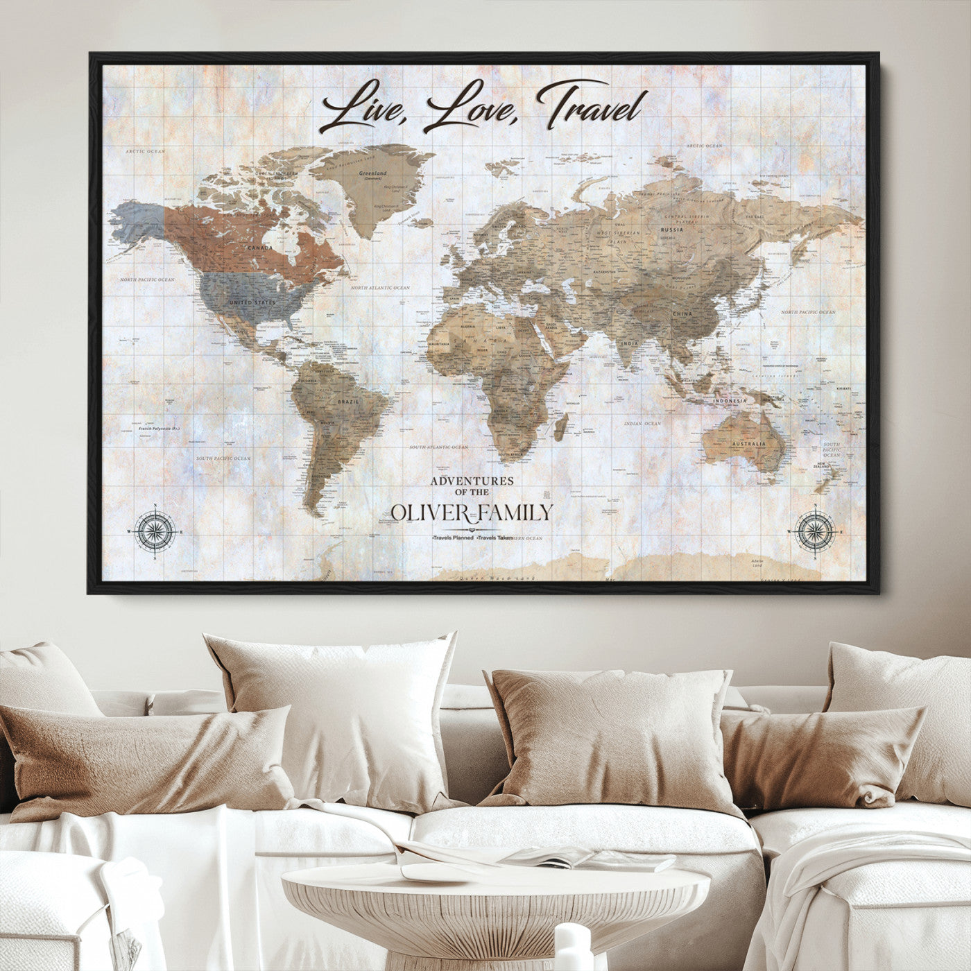 76256172-MGV-CV-36X24-Custom Push Pin World Map Wall Canvas Print – Personalized Travel Tracker with Pins – Framed Large Multi-Size Canvas for Home Office Decor