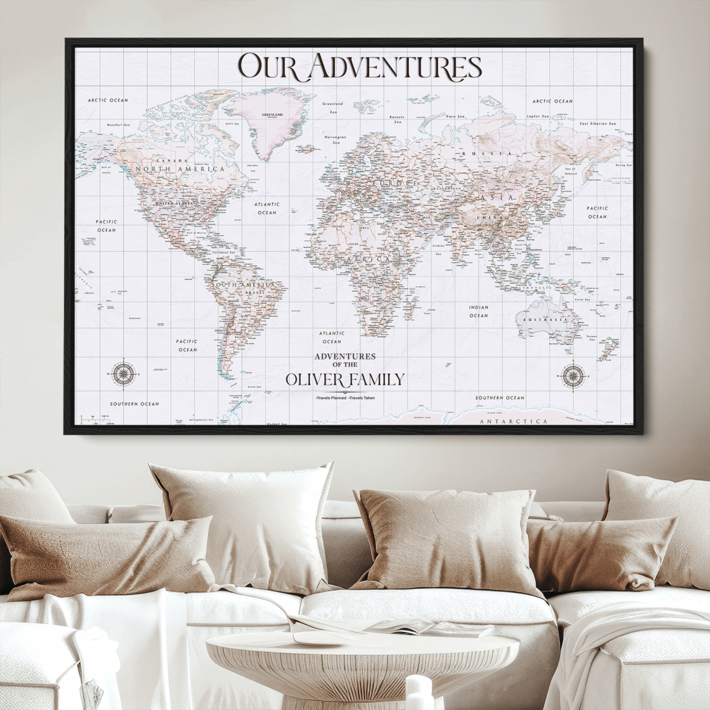 40041157-MGV-CV-36X24-Custom Push Pin World Map Wall Canvas Print – Personalized Travel Tracker with Pins – Framed Large Multi-Size Canvas for Home Office Decor