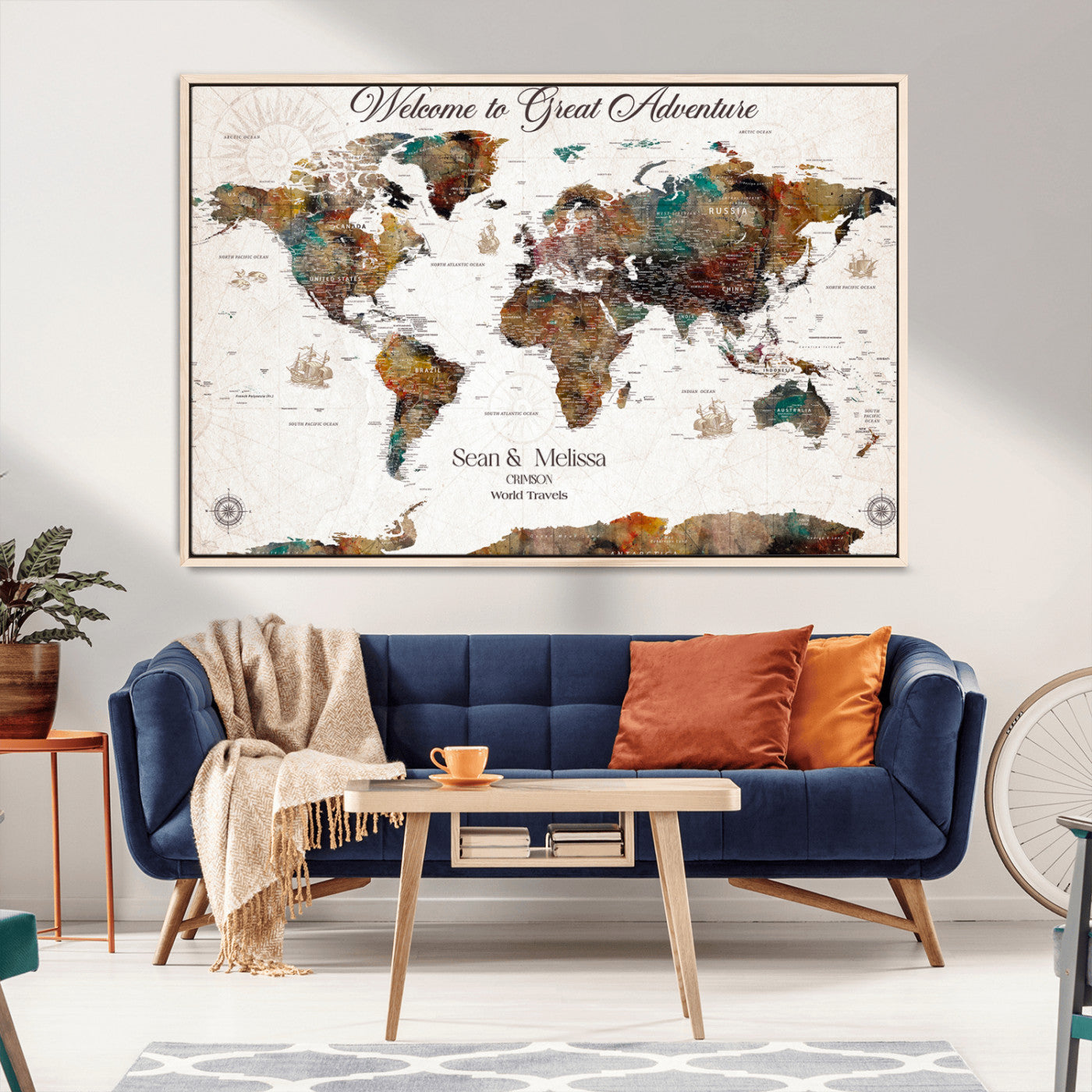 92462592-MGV-CV-36X24-Customize Push Pin World Map Wall Canvas Print – Personalizable Travel World Map with Pins – Framed Personalized Map Print for Couple Gift - H31