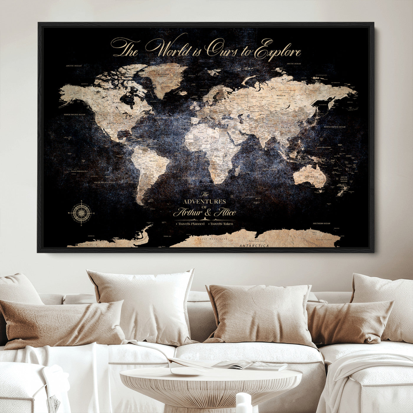 21010471-MGV-CV-36X24-Customize Push Pin World Map Wall Canvas Print, Personalized Travel Tracker with Pins, Framed Large Canvas for Home Office Decor - H37