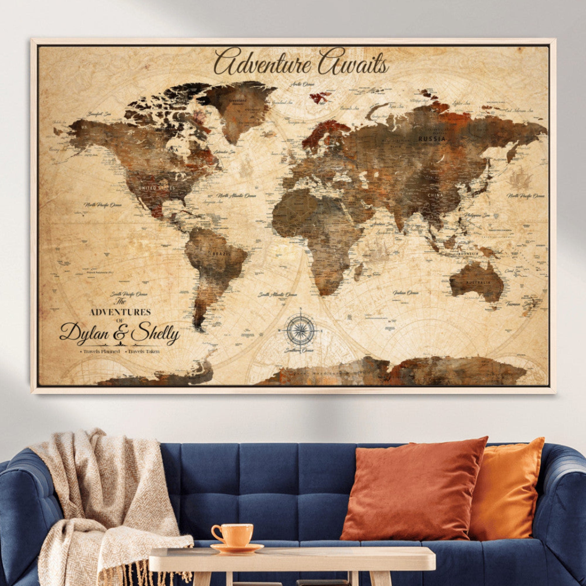 Rehber01-MGV-CV-36X24-Personalized World Map Canvas Wall Art – Custom Framed Push Pin Travel Tracker Print, Unique Gift for Home or Office Decor
