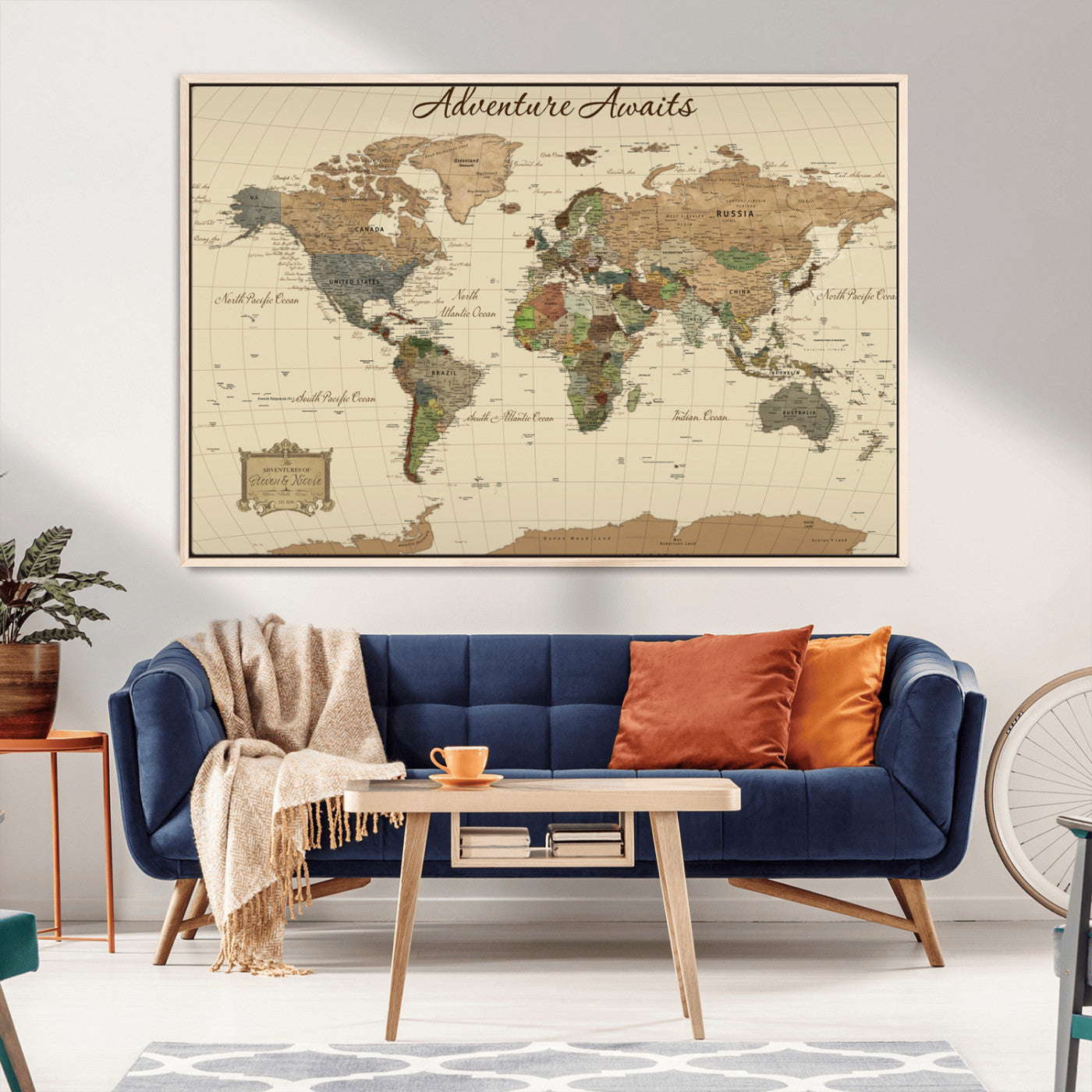 31875069-MGV-CV-36X24-Custom Push Pin World Map Wall Canvas Print – Personalized Travel Tracker with Pins – Framed Custom Quotie Canvas for Home Office Decoration