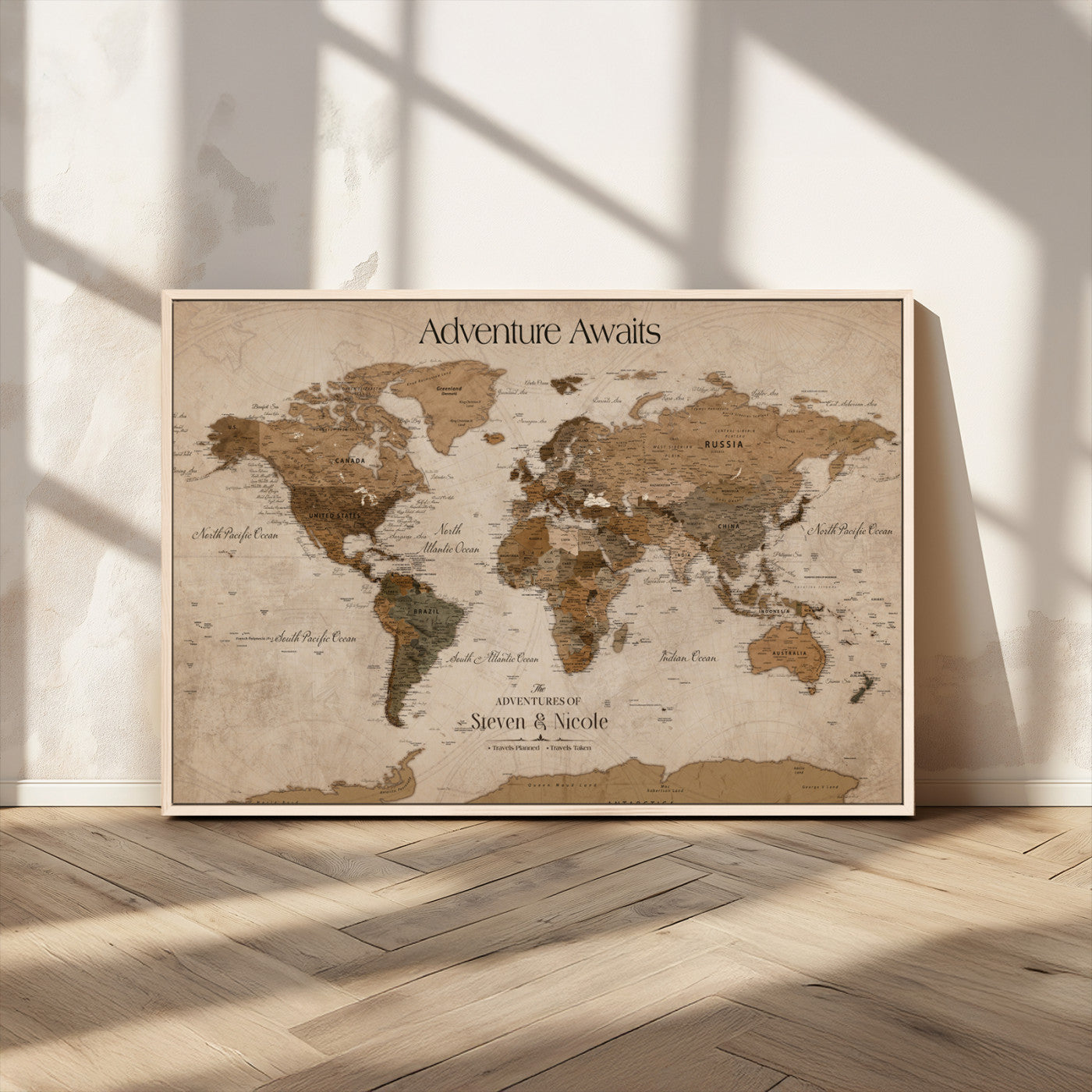 MGV-FC-36X24 - Custom Push Pin World Map Wall Canvas Print – Personalized Travel Tracker with Pins – Framed Custom Quotie Canvas for Home Office Decor