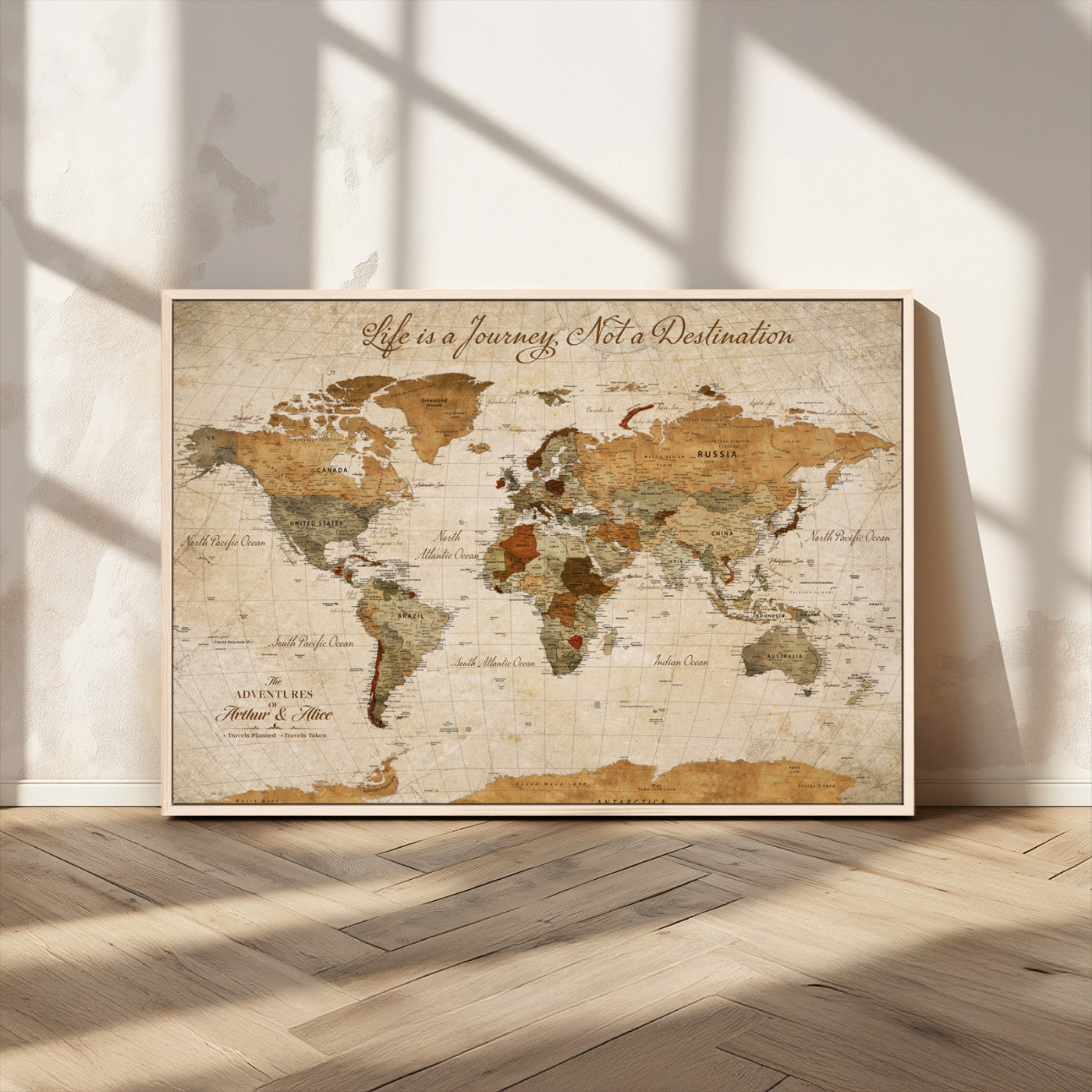MGV-FC-36X24 - Customizable Framed World Map Wall Art, Personalized Push Pin Travel Maps Canvas Print, Handcrafted in USA, 100 Pins with Foam Backing