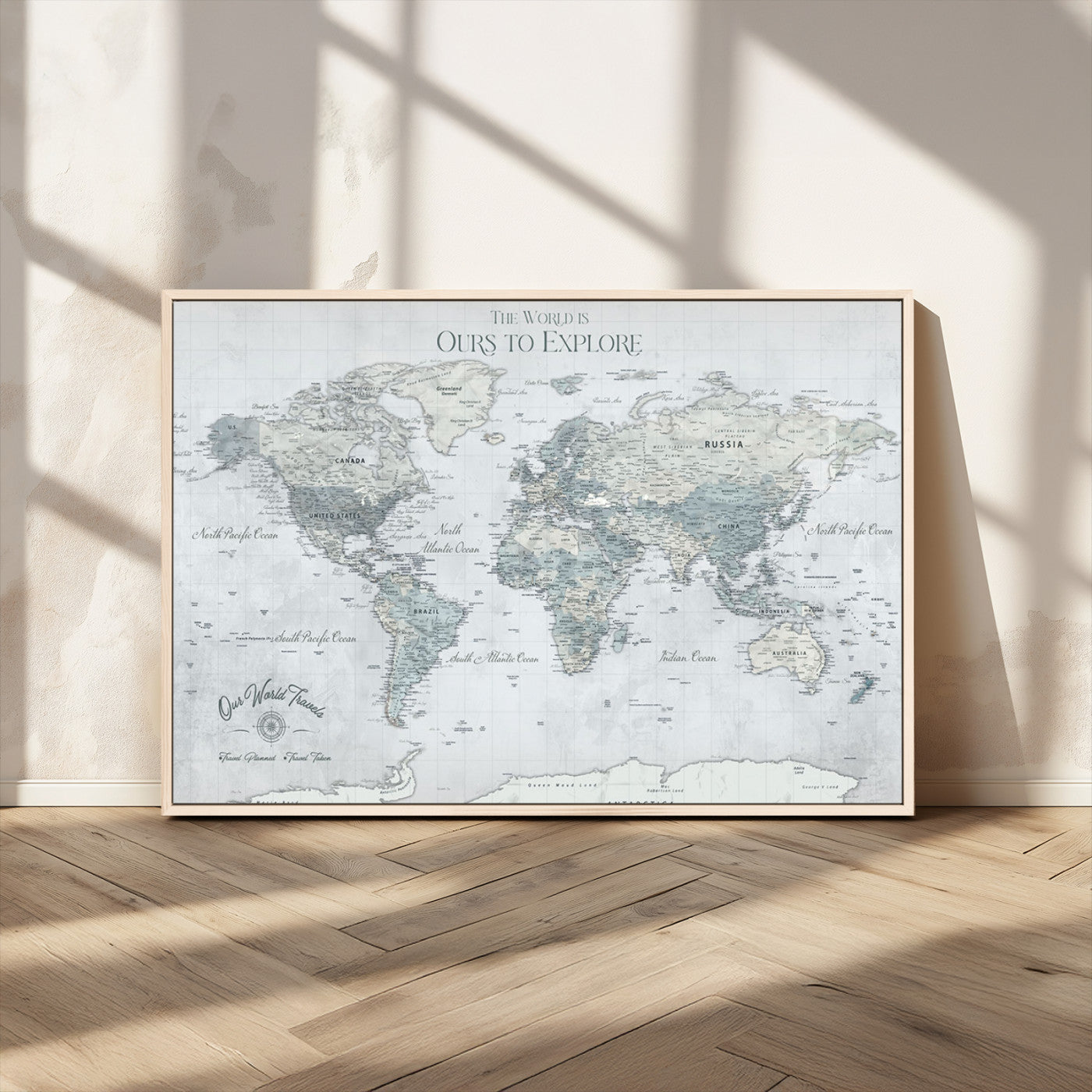 73654056-MGV-FC-36X24 - Personalized Push Pin World Map Canvas Print – Custom Framed Travel Tracker Artwork for Couples or Home Decor