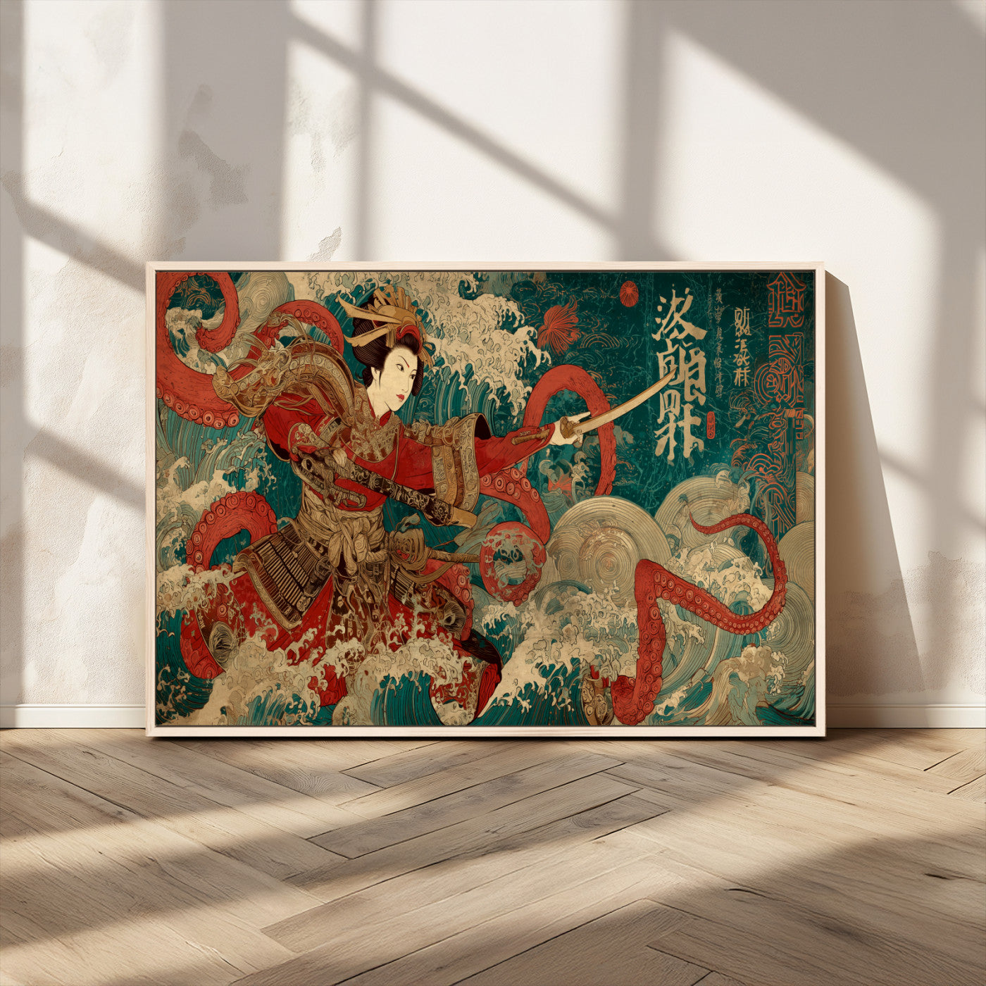 MGV-FC-36X24 - Tsukioka Yoshitoshi Samurai Wall Art Print, Japanese Katana Warrior Canvas Wall Art, Octopus Sea Monster Canvas Print,
