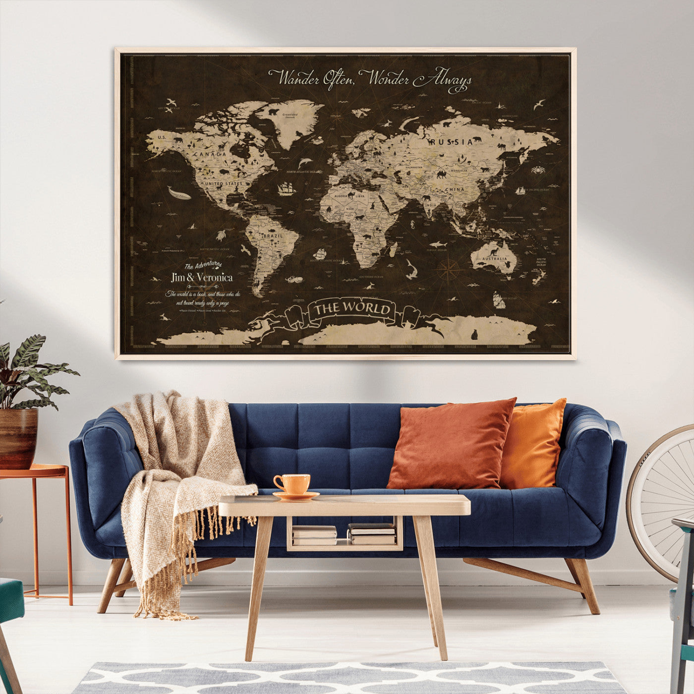 47004909-MGV-CV-36X24-Customize Push Pin World Map Wall Art Canvas Print – Personalized Map for Kids Room – Framed Custom Animal Map for Stady Room Decor