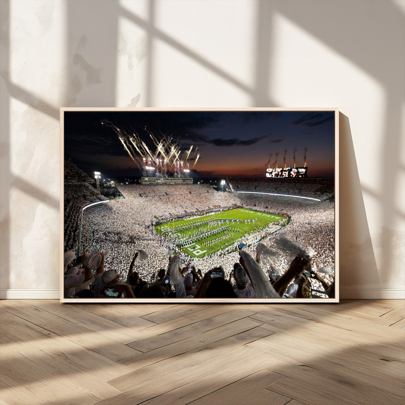 Penn State Stadium Wall Art Print, White Out Football Game Canvas Wall Art, Framed Sports Stadium, Large College Football Canvas Print for Game Room - Man Cave + 555
