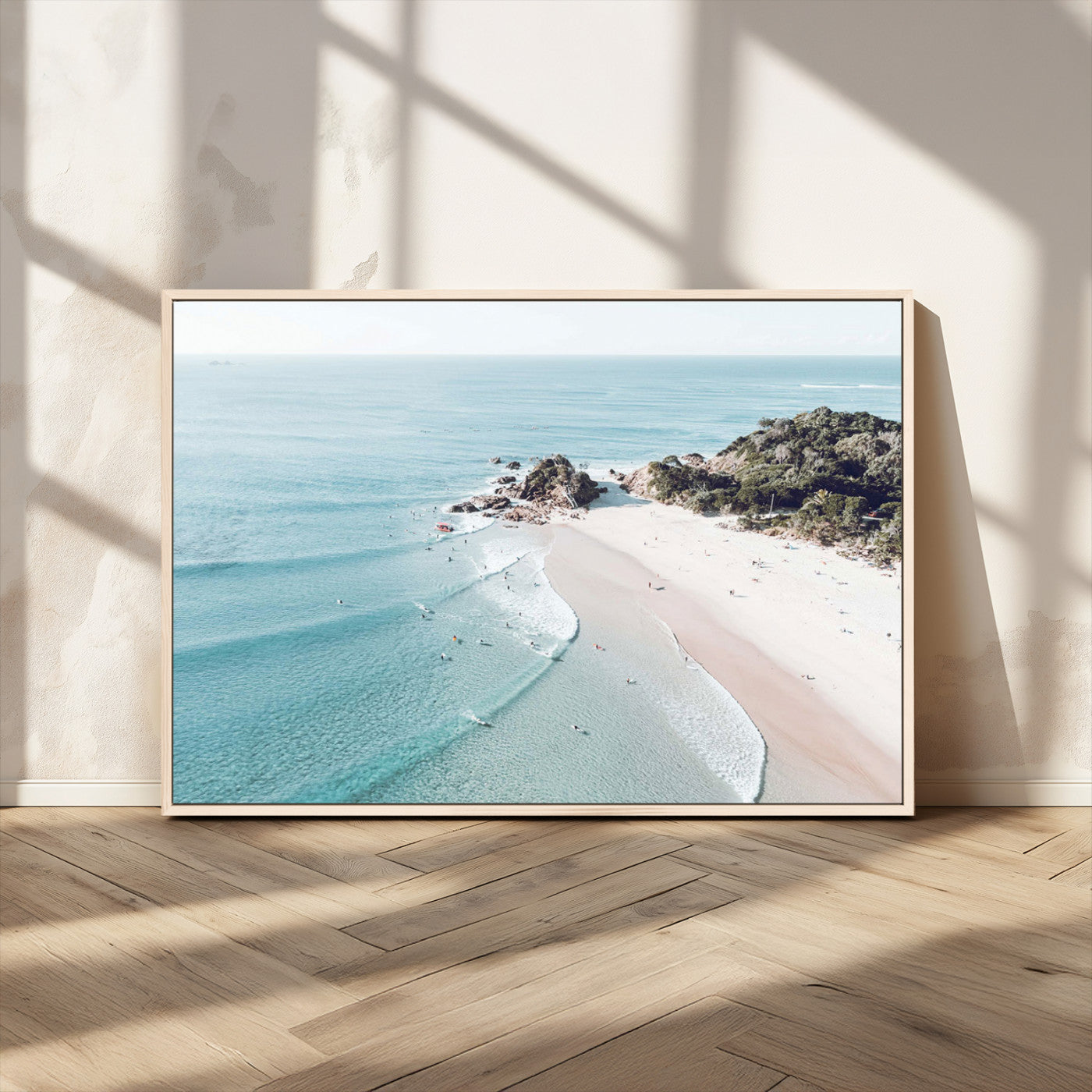 79395467-MGV-CV-36X24-Aerial Beach Canvas Wall Art Print, Coastal Ocean Waves and Surfers, Large Scenic Seaside Canvas for Home or Office 1 Panel Wrapped Canvas