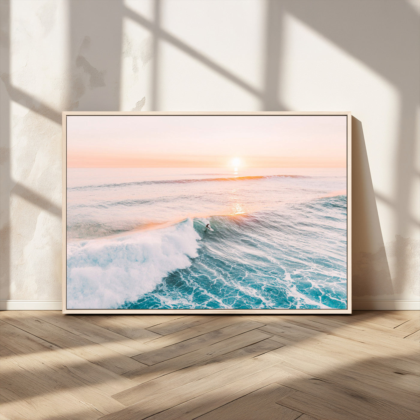 34064591-MGV-CV-36X24-Sunset Surfing Canvas Wall Art Print, Ocean Wave Surfer Decor, Large Coastal Surf Canvas for Beach House or Living Room 1 Panel Wrapped Canvas