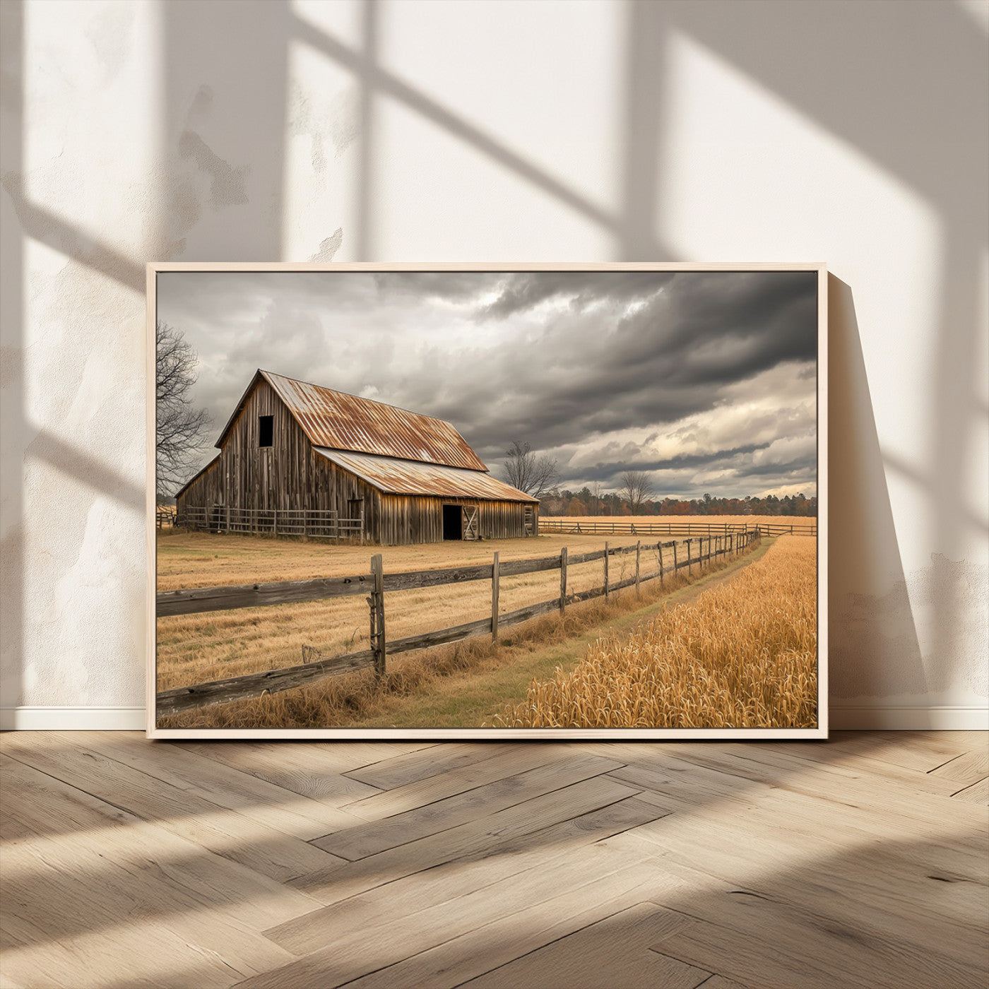 "Rustic barn with a weathered metal roof, surrounded by a wooden fence and golden fields under an overcast sky with dramatic clouds."