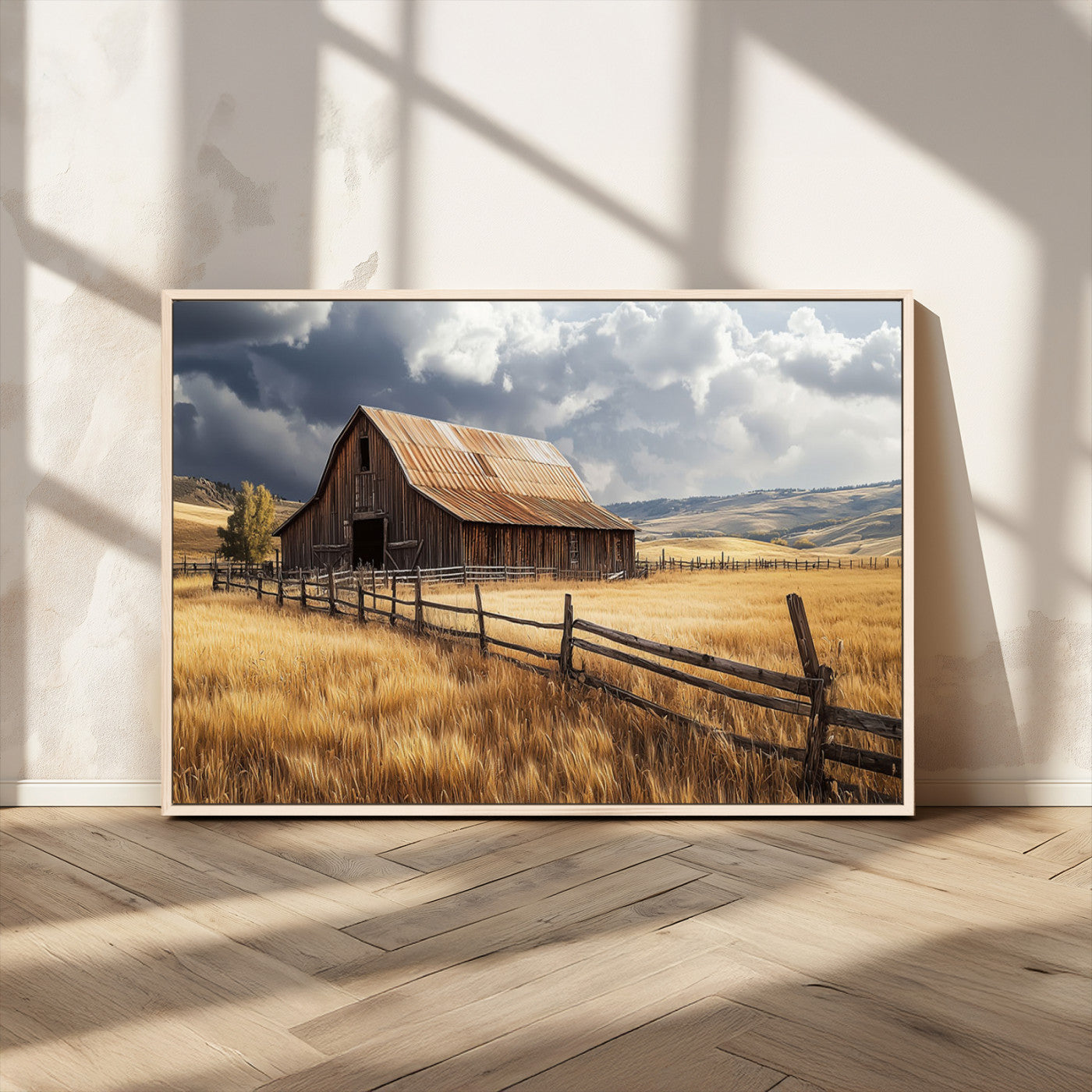 "Rustic barn surrounded by golden fields, a wooden fence, and dramatic storm clouds in the sky, capturing a serene countryside landscape."
